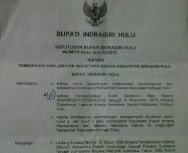 Bupati Bebas Tugaskan Sekda Inhu, Kenapa ya ?