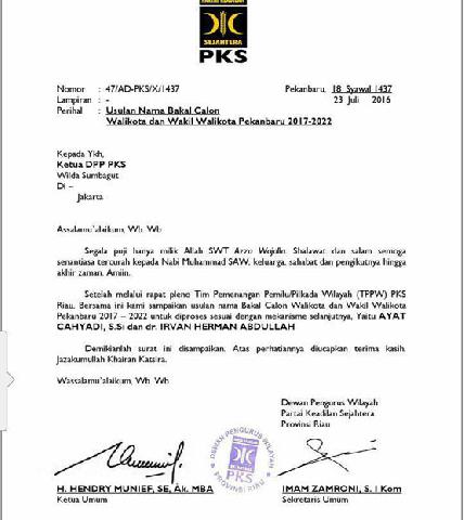 Surat Usulan DPW PKS di Pilkada Pekanbaru Beredar, Firdaus - Ayat Cahyadi Pecah Kongsi ?