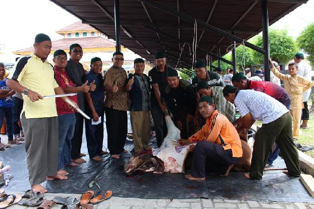 Umat Muslim KP PTPN V Bagi 700 Bungkus Daging Kurban