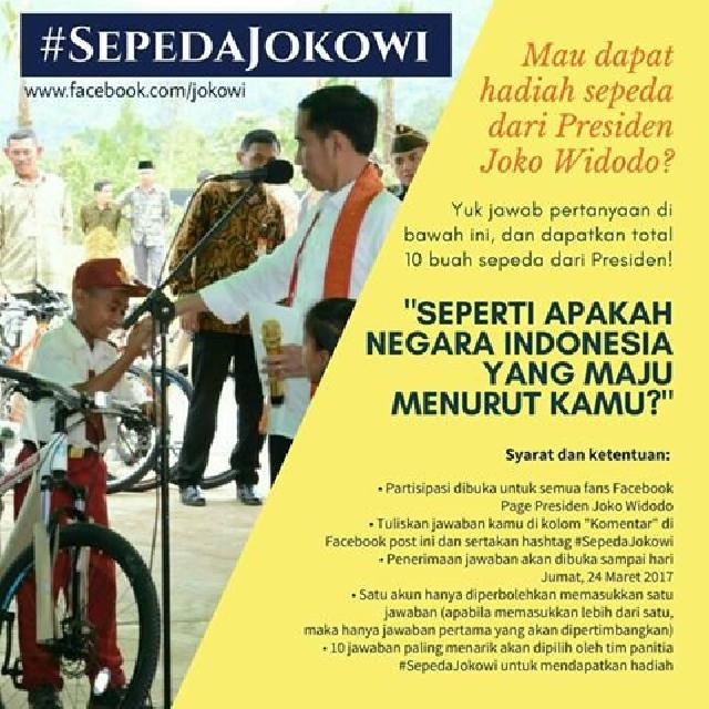 Yuk ikutan kuis Presiden Jokowi di Facebook, berhadiah 10 sepeda