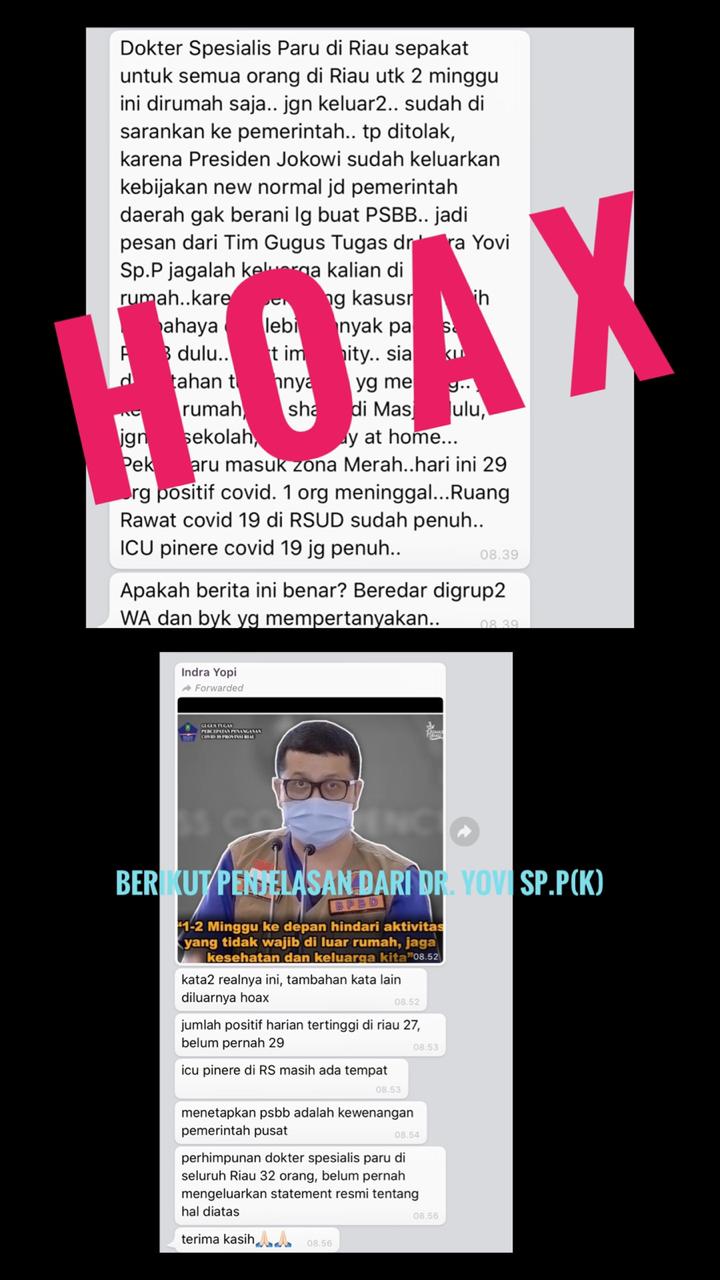 dr Indra Yovi : Pesan Berantai Mengatasnamakan Tim Gugus Riau, Tidak Benar 