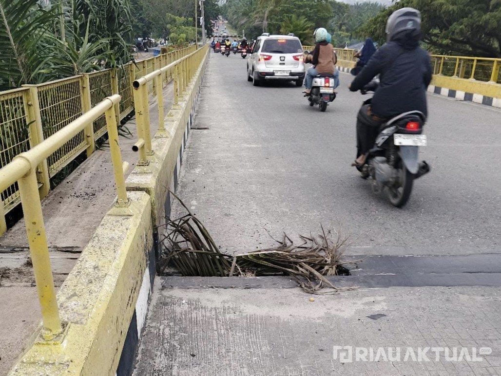 Bahaya! Pengendara Keluhkan Lubang Menganga Pada Sambungan Jembatan Siak I
