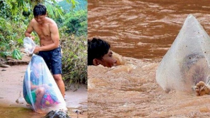 Agar tak Basah ke Sekolah, Ayah Ini Bungkus Anaknya Pakai Plastik saat Seberangi Sungai
