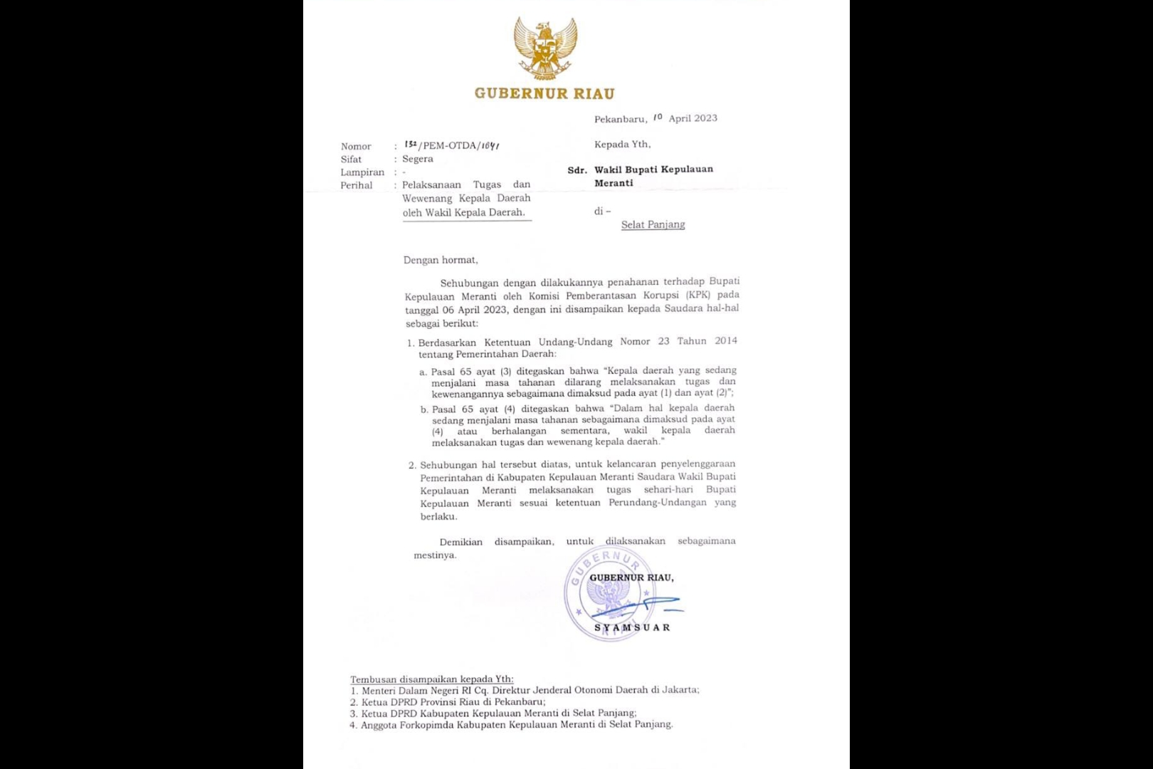 Diteken Gubri, Asmar Resmi Jabat Plt Bupati Kepulauan Meranti