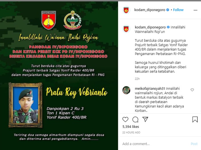Inalillahi, Kodam Diponegoro Berduka, Prajuritnya Gugur Ditembak KKB di Papua