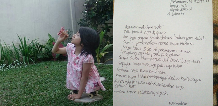 Surat Anak SD dari Pekanbaru ke Jokowi: Saya Mau Kursi Roda karena Tidak Punya Kaki
