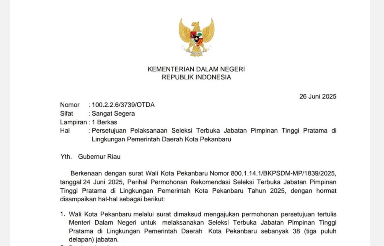 Kemendagri Setujui Seleksi Terbuka 38 Jabatan Eselon II Pemko Pekanbaru, Ini Daftar Lengkapnya