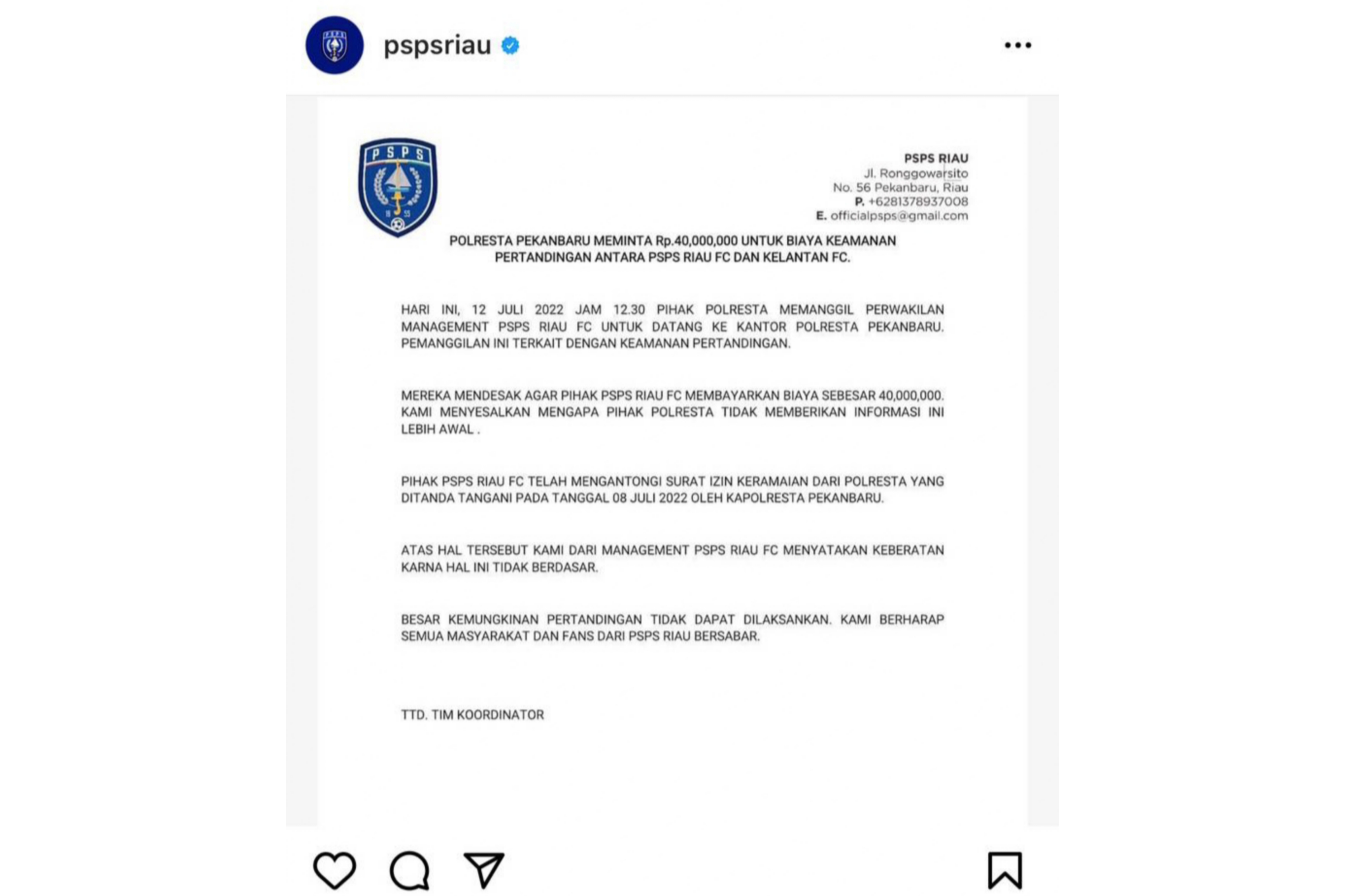 Diduga Diminta Uang Keamanan Rp40 juta, Pertandingan PSPS vs Kelantan FC Batal Digelar