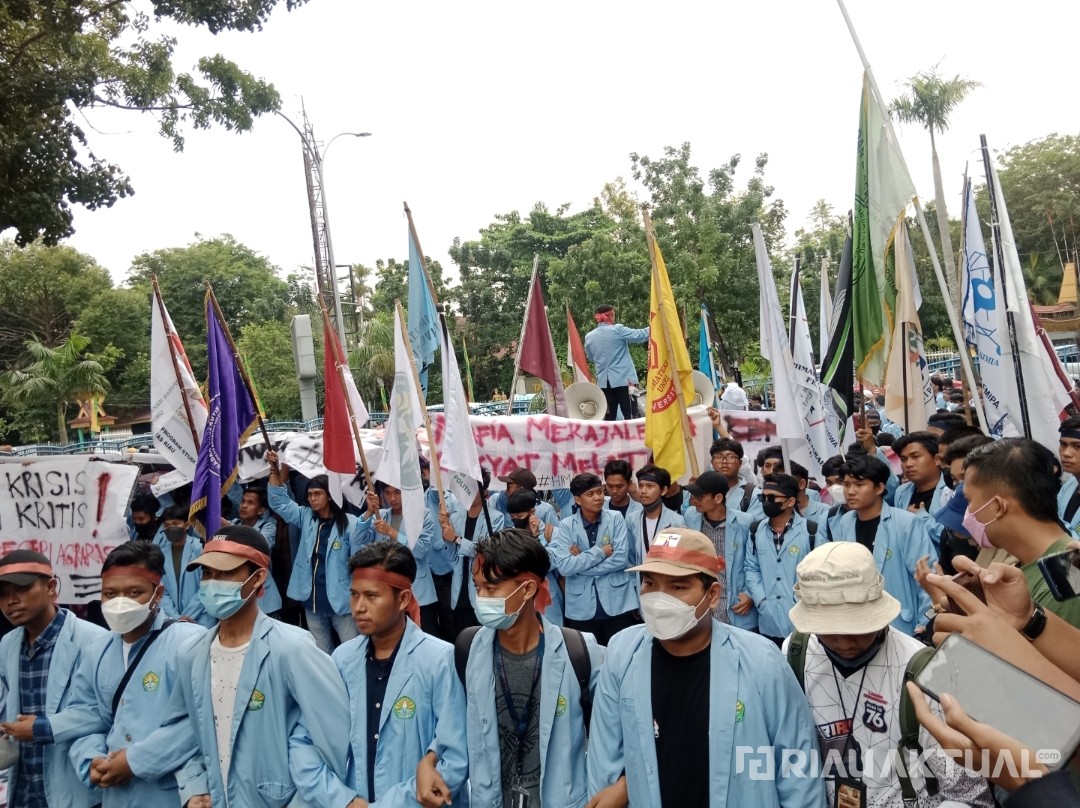 'Indonesia Gawat Darurat' Almamater Biru Langit Geruduk DPRD Riau