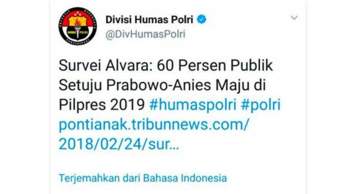 Akun Twitter Polri Diretas, Unggah Tweet Tak Resmi