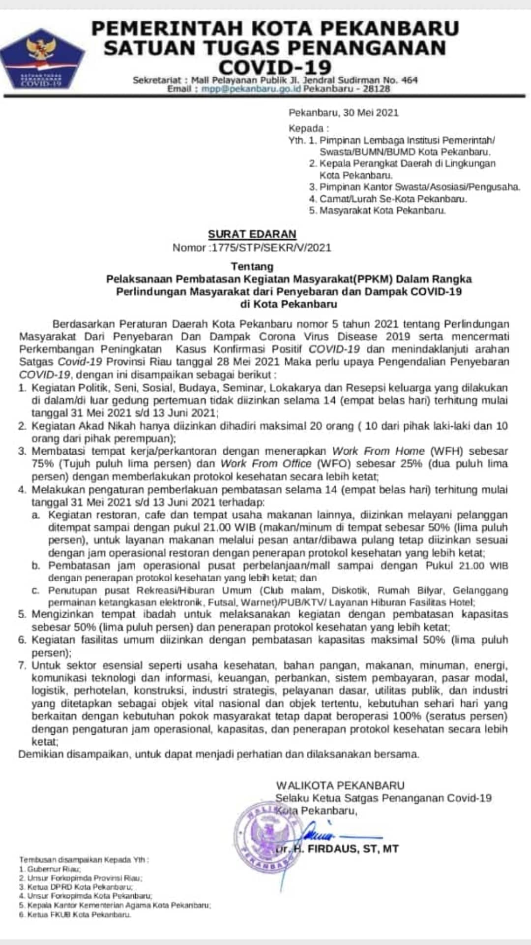 Kembali PPKM Diberlakukan di Pekanbaru, Berikut Aturan Aktivitas Masyarakat