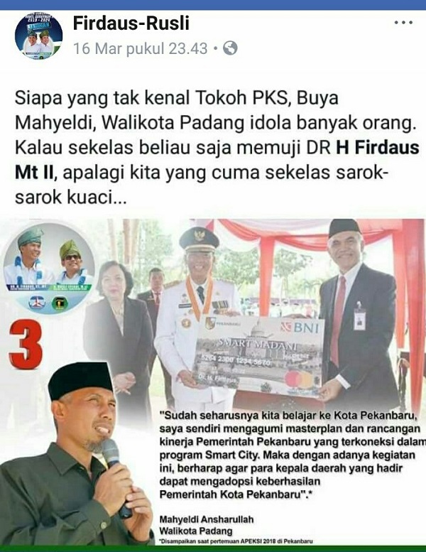 Walikota Padang Tak Tahu Foto dan Pernyataannya Jadi Bahan Kampanye Tim Firdaus-Rusli