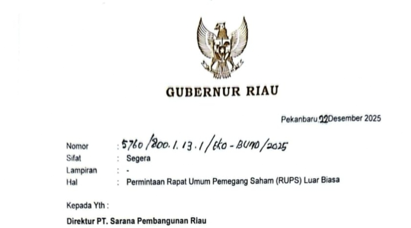 Plt Gubernur Riau Surati PT SPR Soal Rencana Pemberhentian Direksi