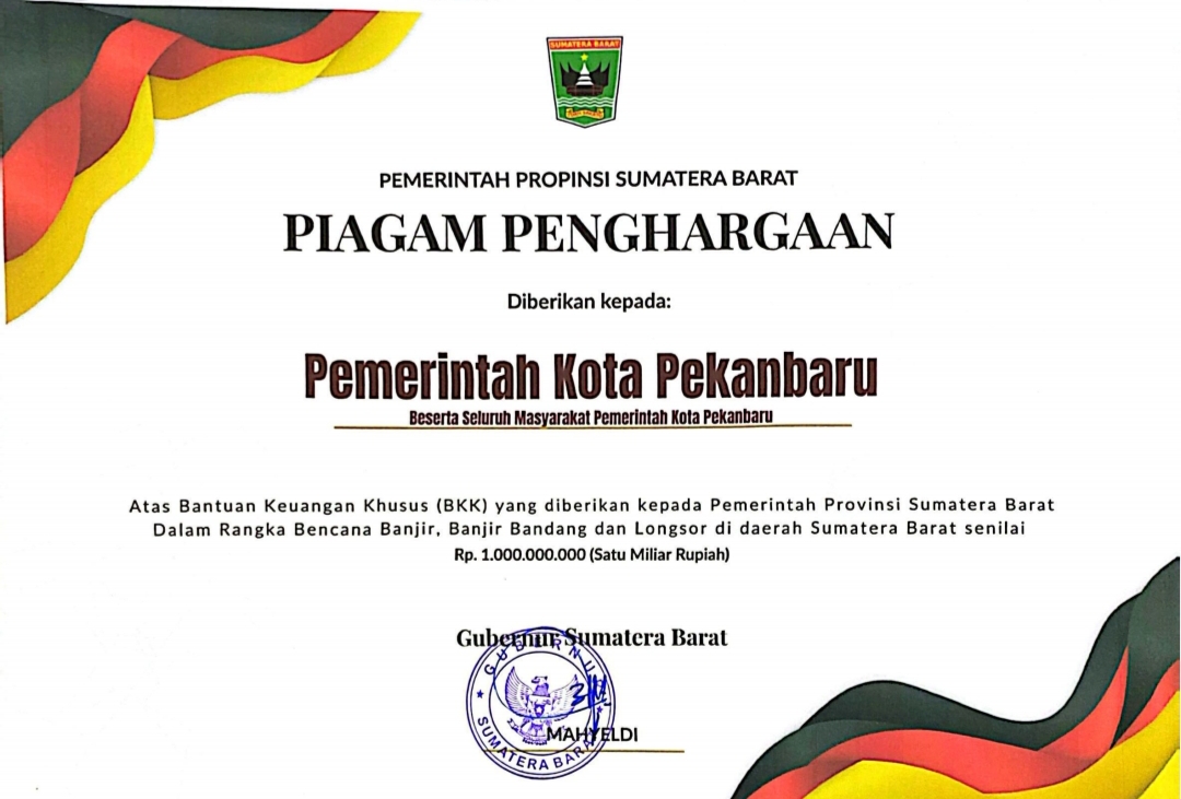 Pemko Pekanbaru Diganjar Penghargaan dari Pemprov Sumbar usai Salurkan Bantuan Kemanusiaan