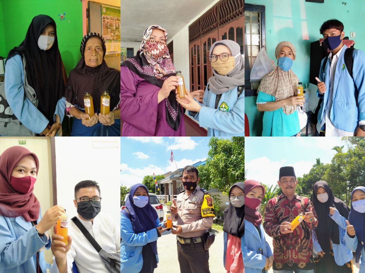 TINGKATKAN IMUNITAS TUBUH SAAT PANDEMI COVID-19, TIM PENGABDIAN KUKERTA BALEK KAMPUNG UNRI KELURAHAN SIALANGMUNGGU BAGIKAN JAMU IMMUNE BOOSTER KEPADA MASYARAKAT