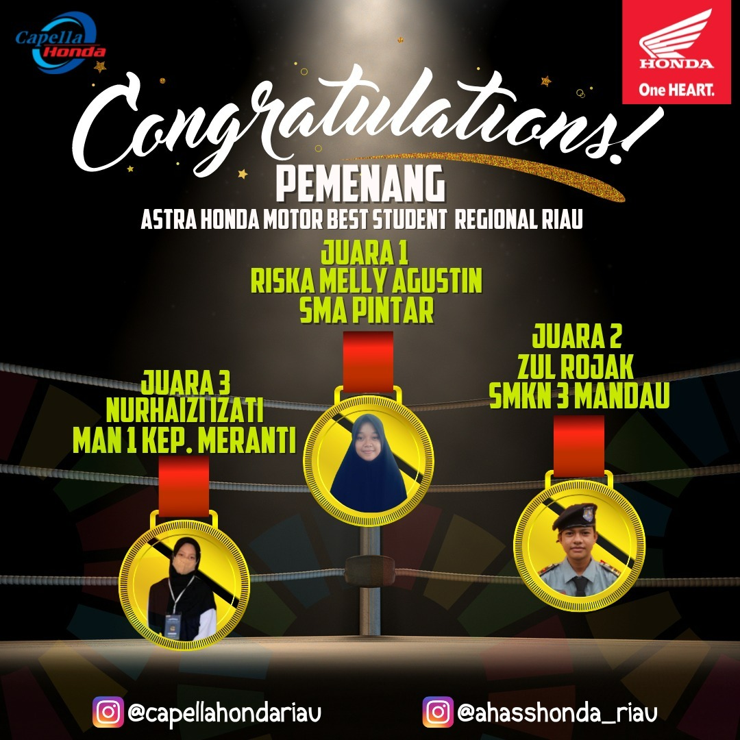 Riska Melly Agustin, Siswa SMA Pintar Raih Peringkat Pertama Astra Honda Motor Best Student 2022 Regional Riau